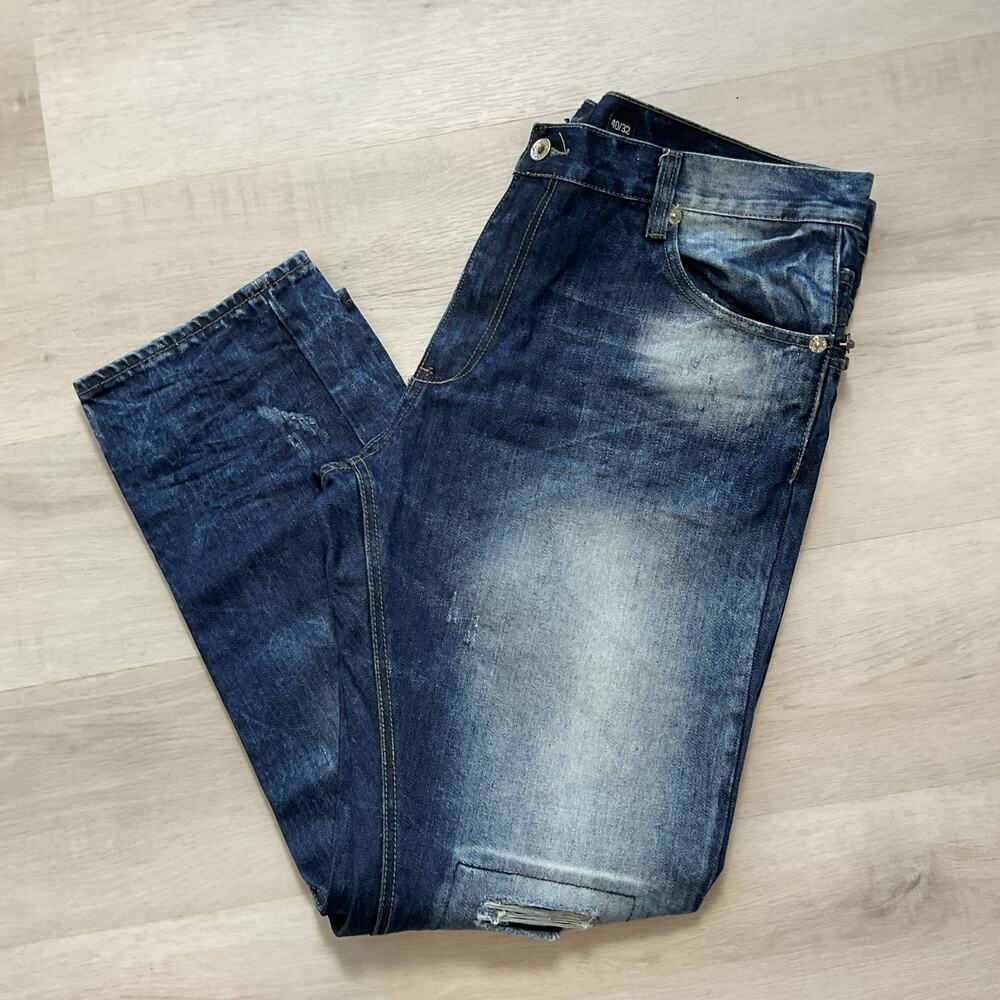 Decibel Mens Distressed Zipper Pocket Jeans Straight Leg Dark Wash 40 x 32